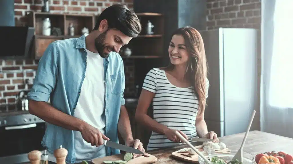 A man and woman smile while standing in a kitchen and cutting vegetables on wooden boards.