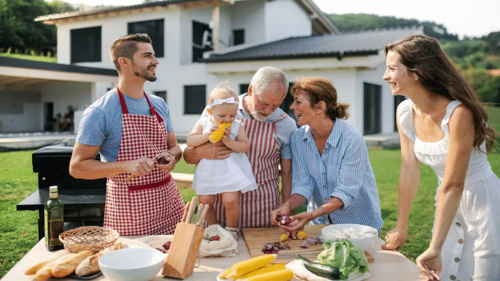 A family having a backyard barbecue