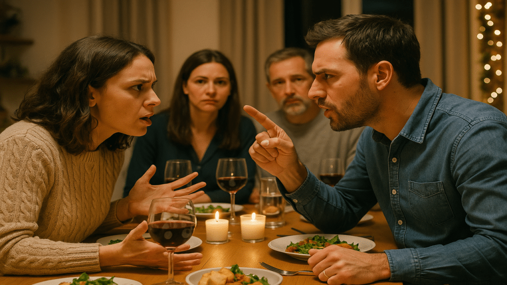 A couple having a conflict at a dinner party