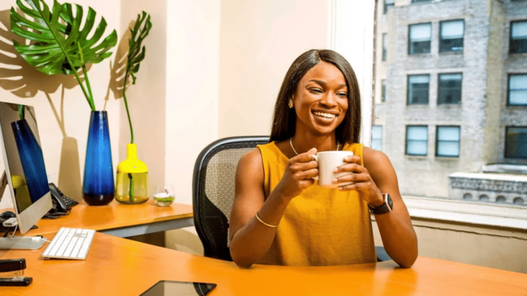 A woman smiling while at work