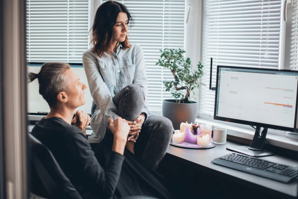 A couple watching the monitor
