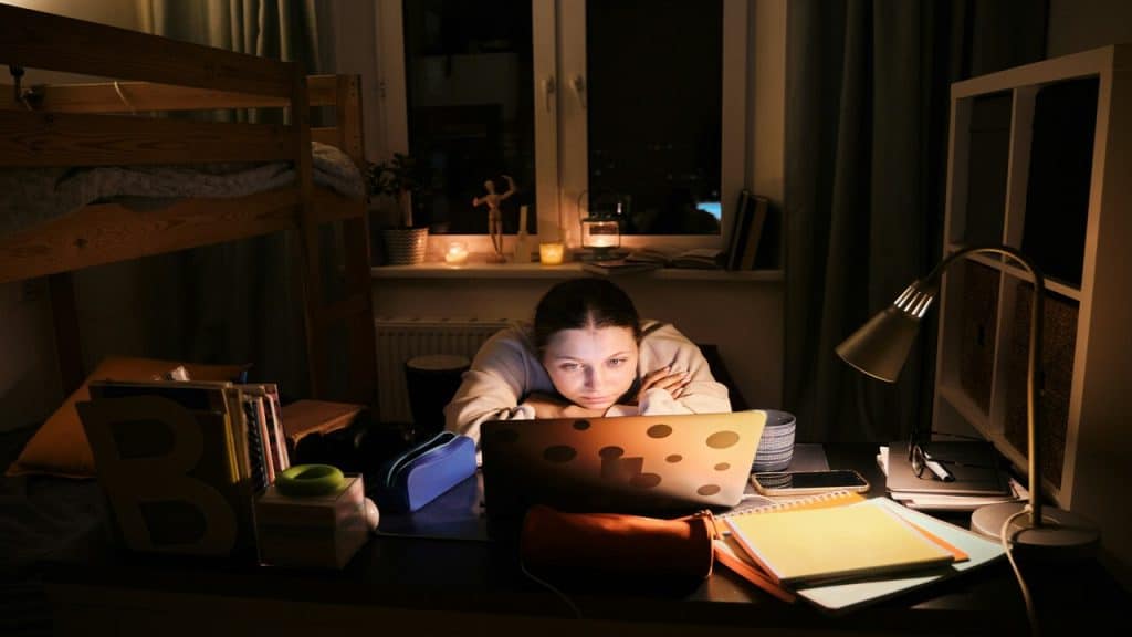 A woman using her laptop at night