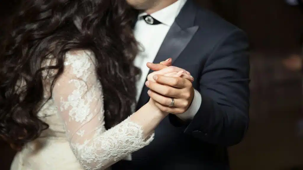 A couple dancing at their wedding