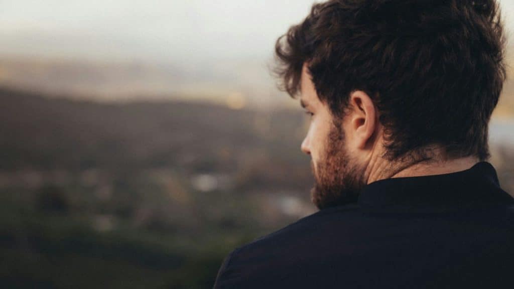 A man with dark hair looks out over a landscape with mountains in the background.