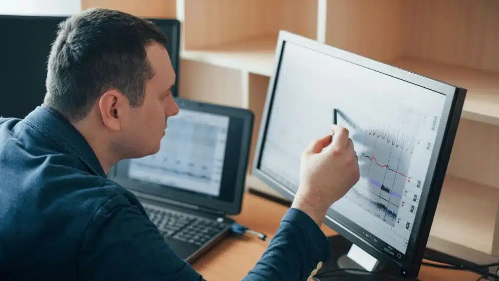 A man in a blue jacket uses a stylus to point at data on a monitor.