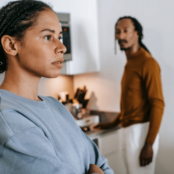 A man looking at a woman