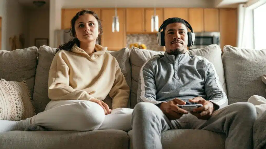 A man wearing headphones plays a video game while a woman sits beside him looking away.