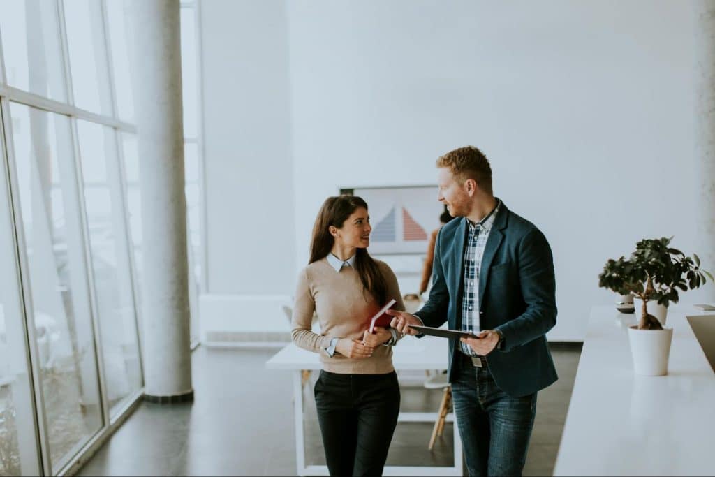 A man and woman talking