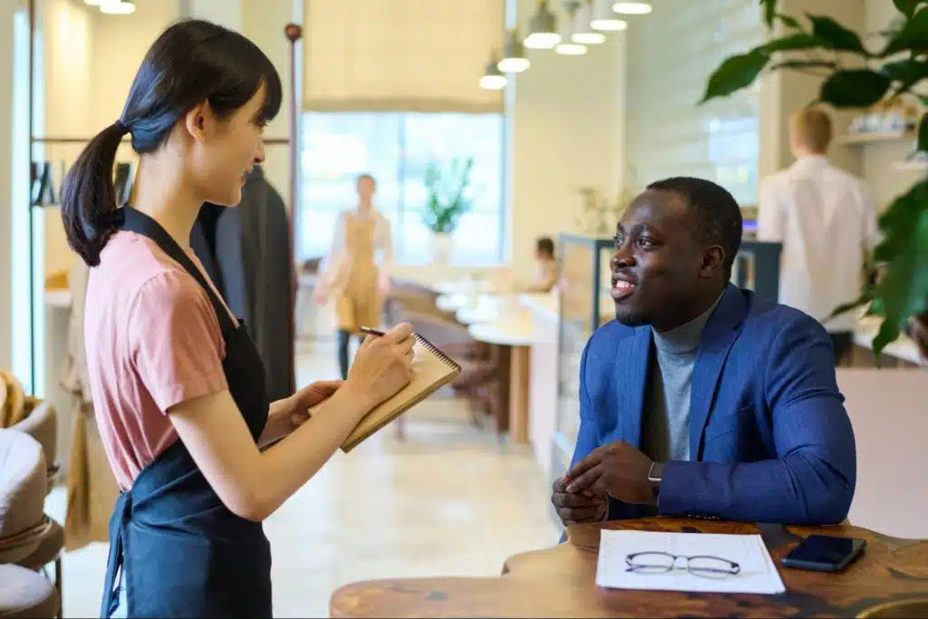 A man and woman talking