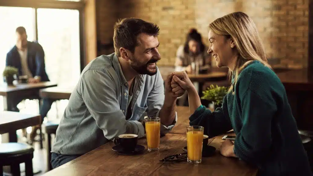 A man and a woman sit at a cafe table, smiling and holding each other's hands.