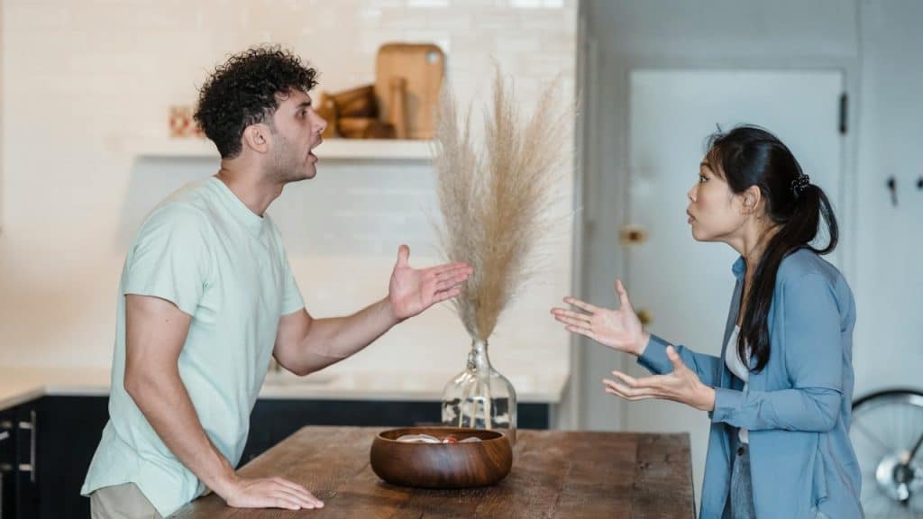 A man and woman stand in a kitchen gesturing with their hands while facing each other.