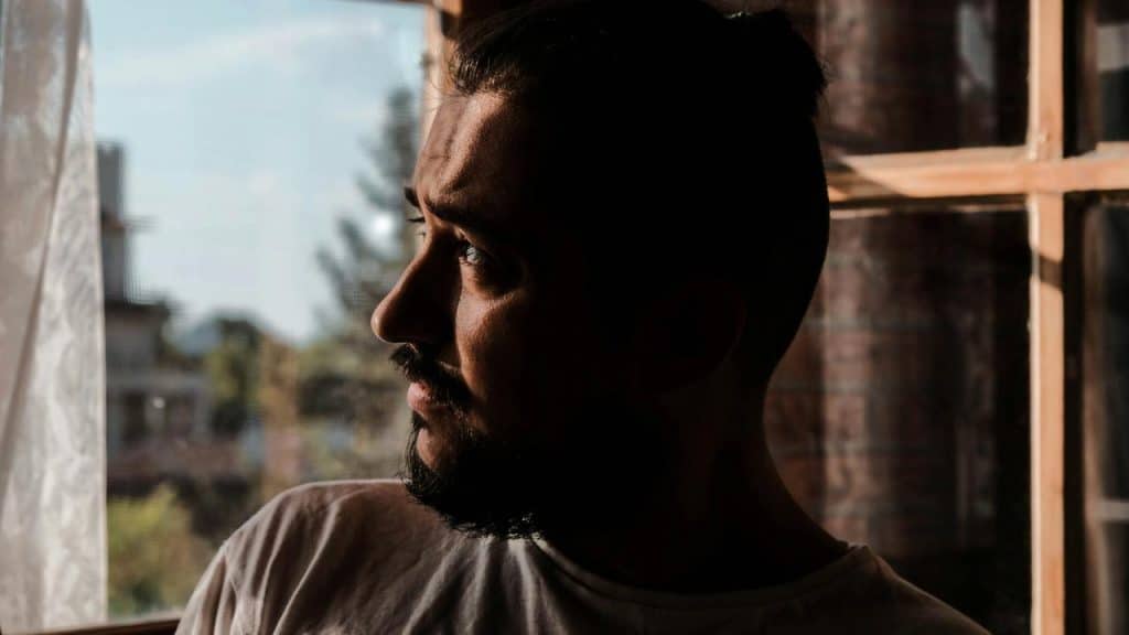 A person gazing thoughtfully out a window in soft, moody light.
