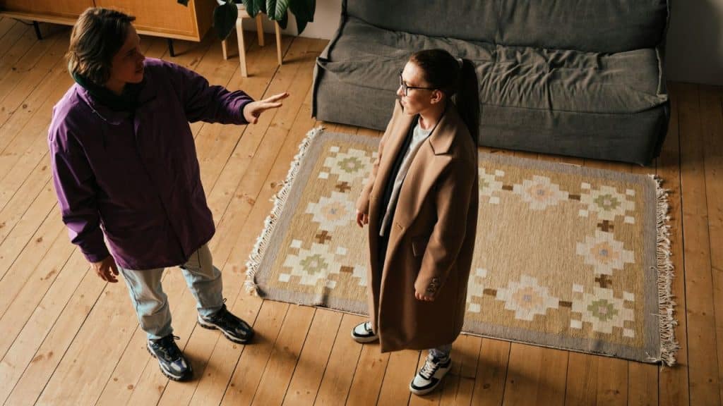 An overhead view shows two people standing and talking on a wooden floor near a rug.