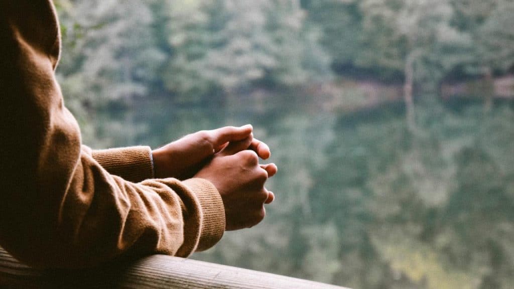 A person resting clasped hands on a railing while overlooking a forest.