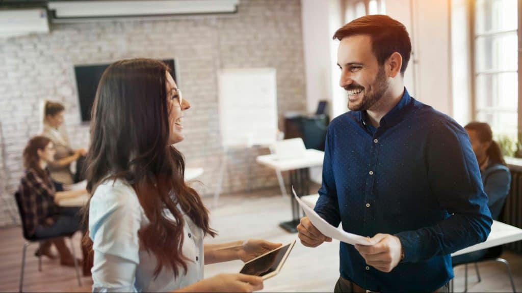 A man and woman talking
