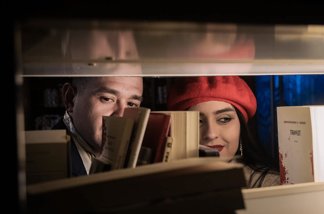 A couple in a library