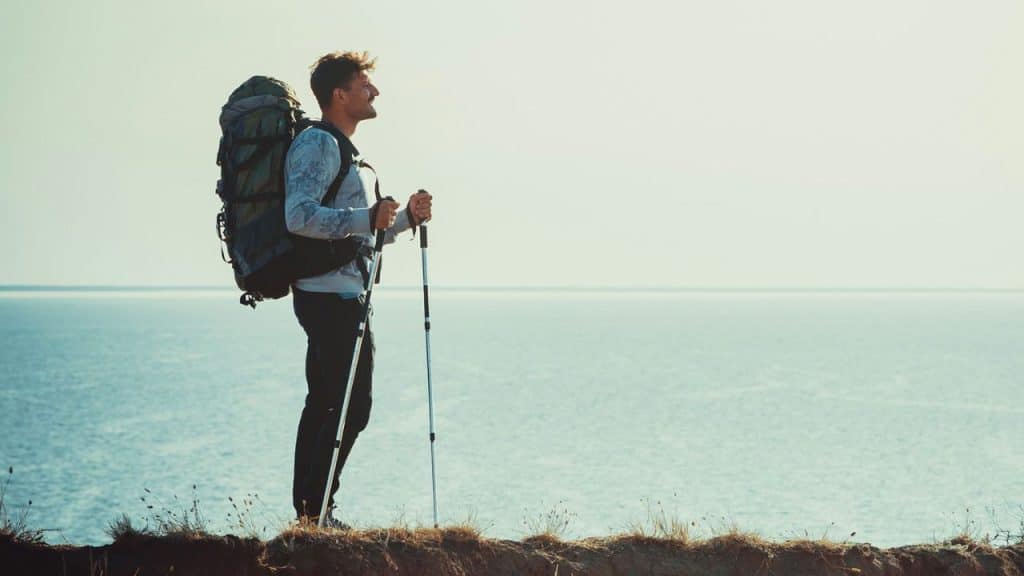 A man with a large backpack and trekking poles stands on a cliff overlooking the ocean.
