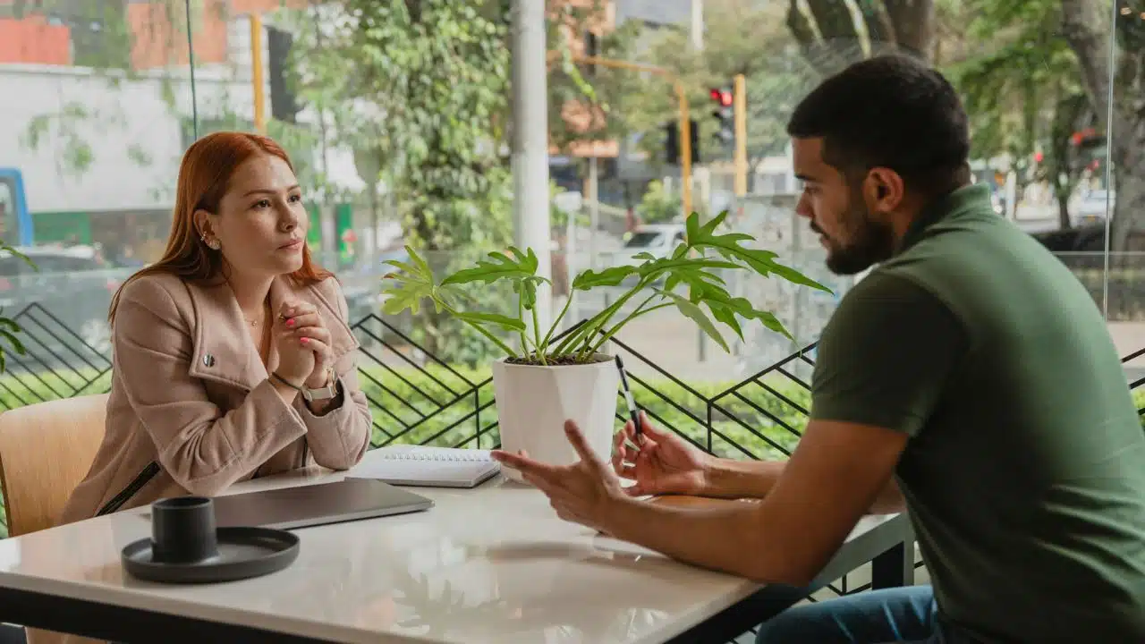 A man and woman sit across from each other at a table, engaged in conversation.