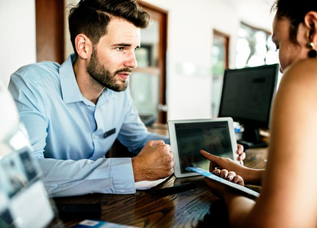 A man and woman talking