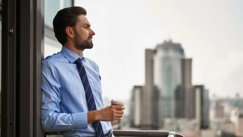 A man in a blue dress shirt and tie stands on a balcony holding a coffee cup.