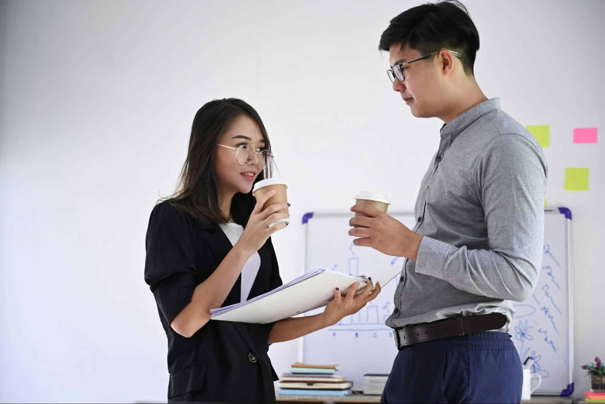 A man and woman talking