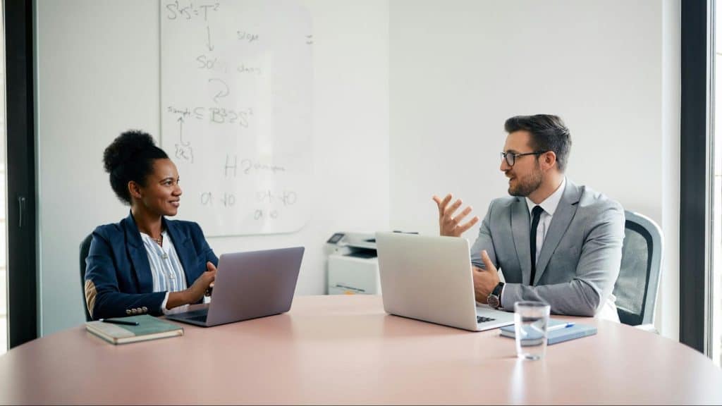 A man and woman talking