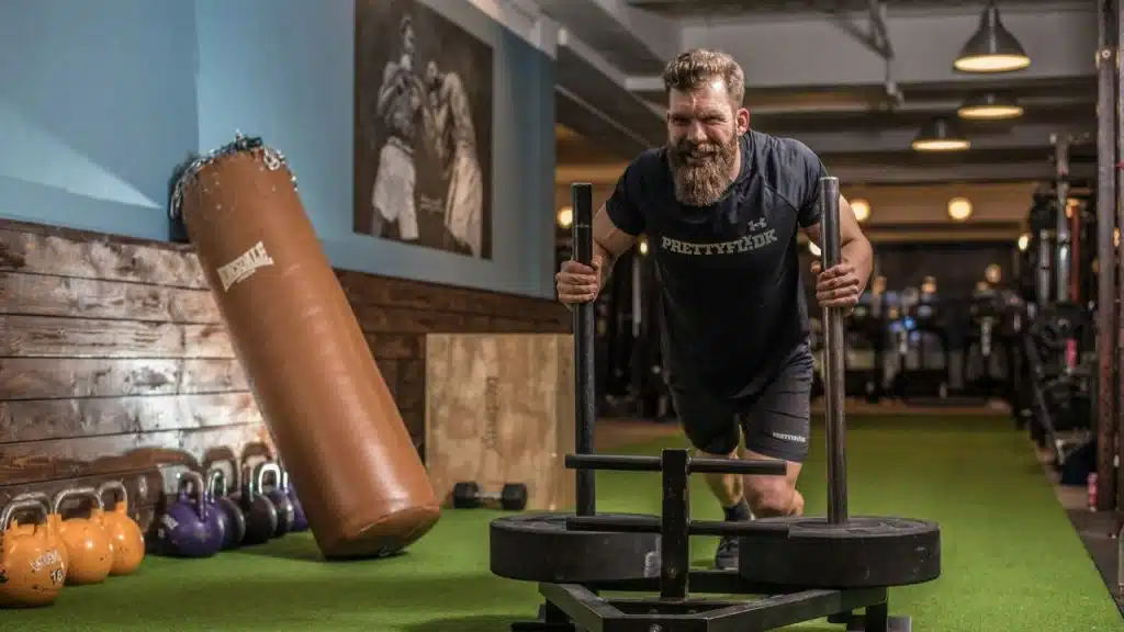 A muscular bearded man in a gym pushes a weighted sled across a green turf floor.