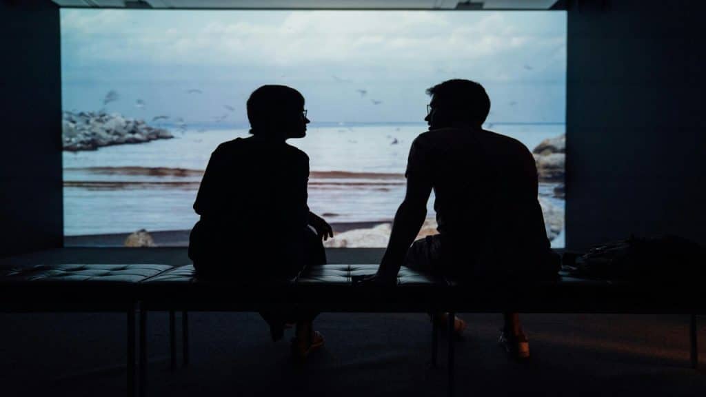 A couple talking at a museum