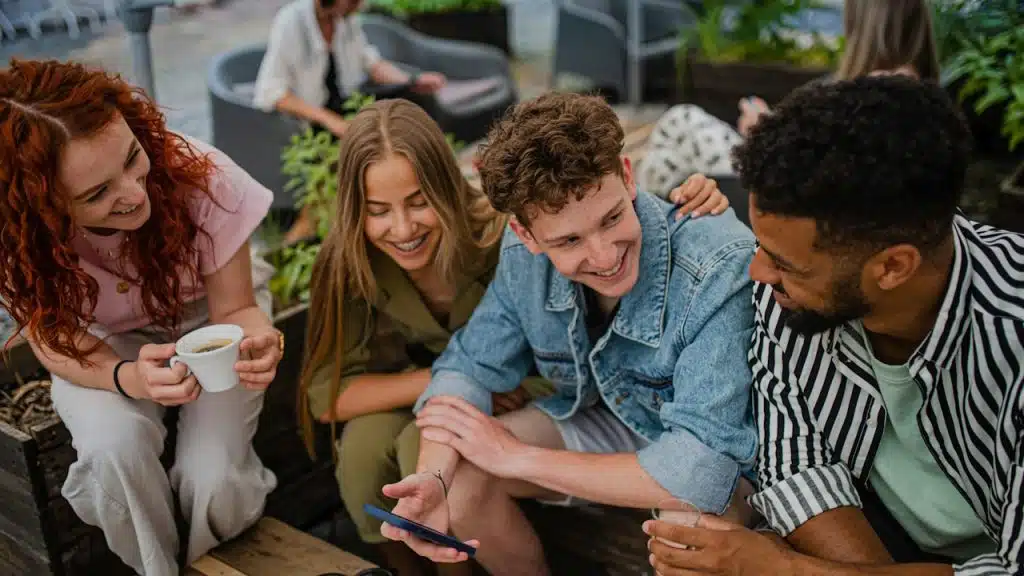A group of four young friends is gathered closely around a low wooden table in a bright, outdoor cafe setting, looking at a smartphone together.