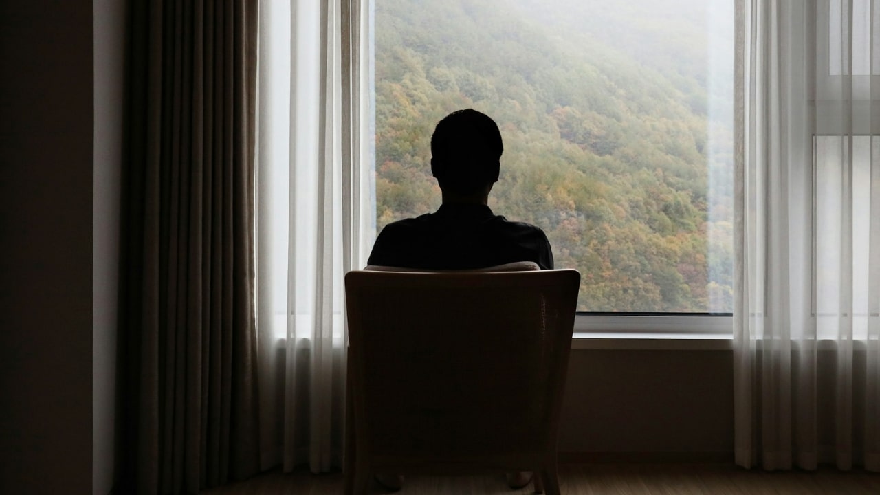 A silhouette of a person sitting in a chair looks out a large window at a forest.