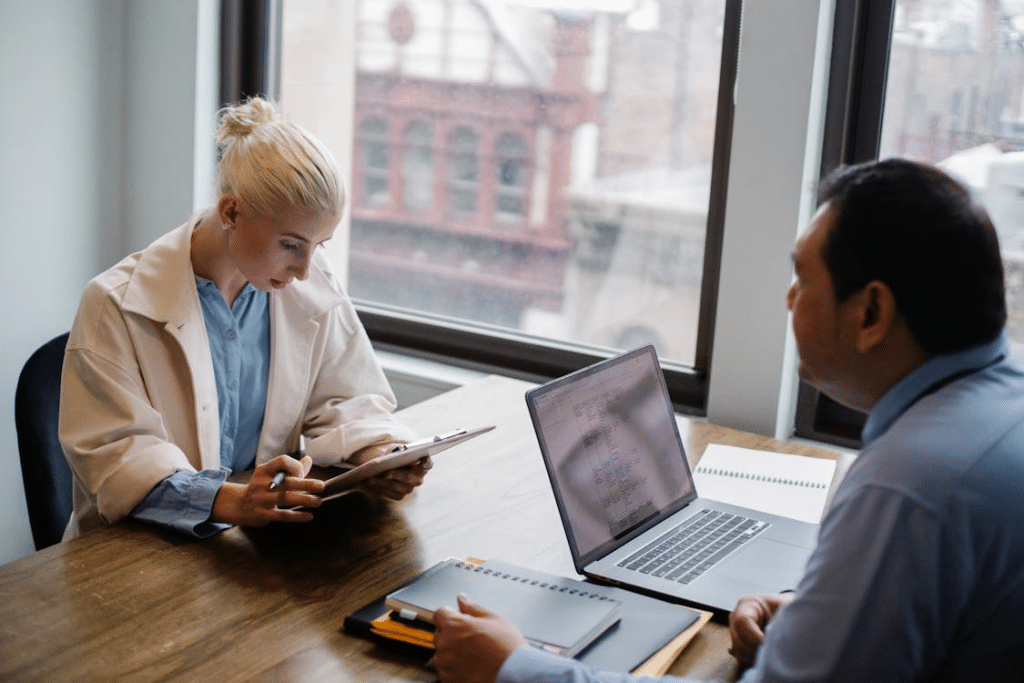 A man and woman in an office