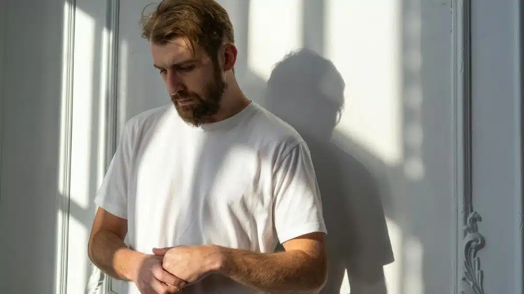A person stands by a wall in sunlight, looking down with hands together.