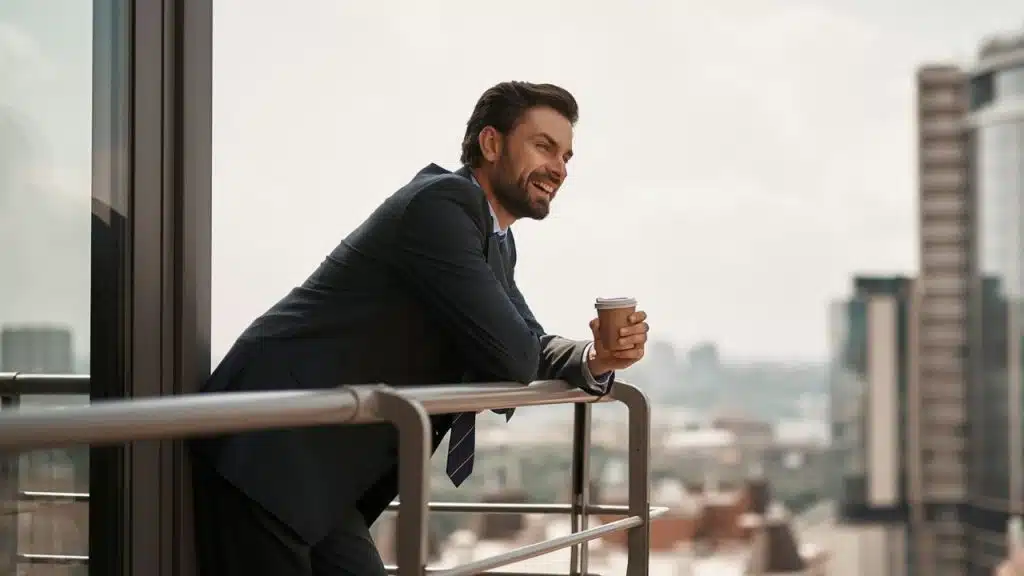 A smiling man in a suit leans on a balcony railing holding a coffee cup.
