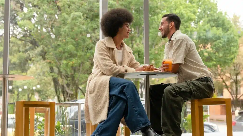 Two people sit at a small cafe table by a large window, looking at one another.