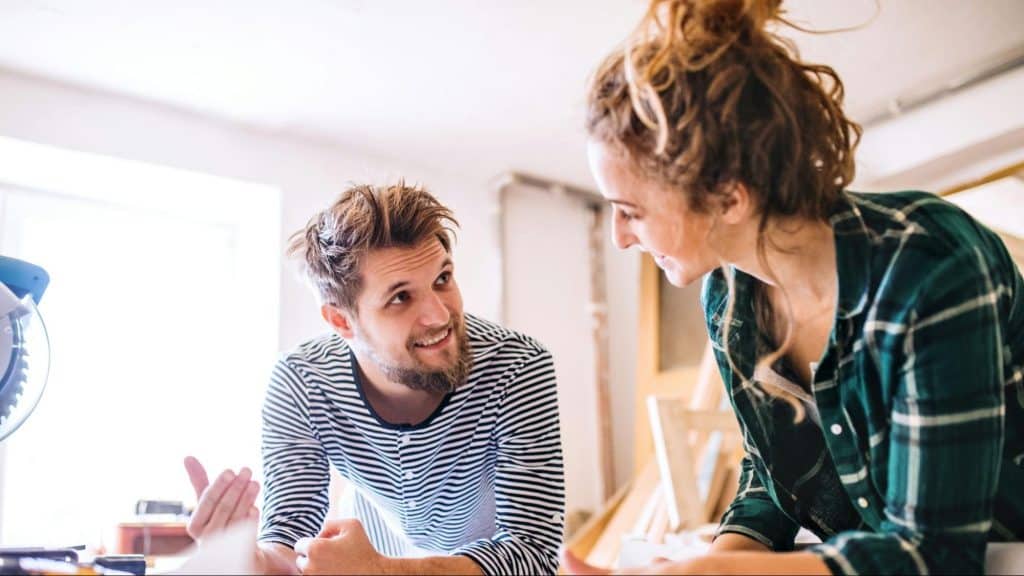 A man and woman talking