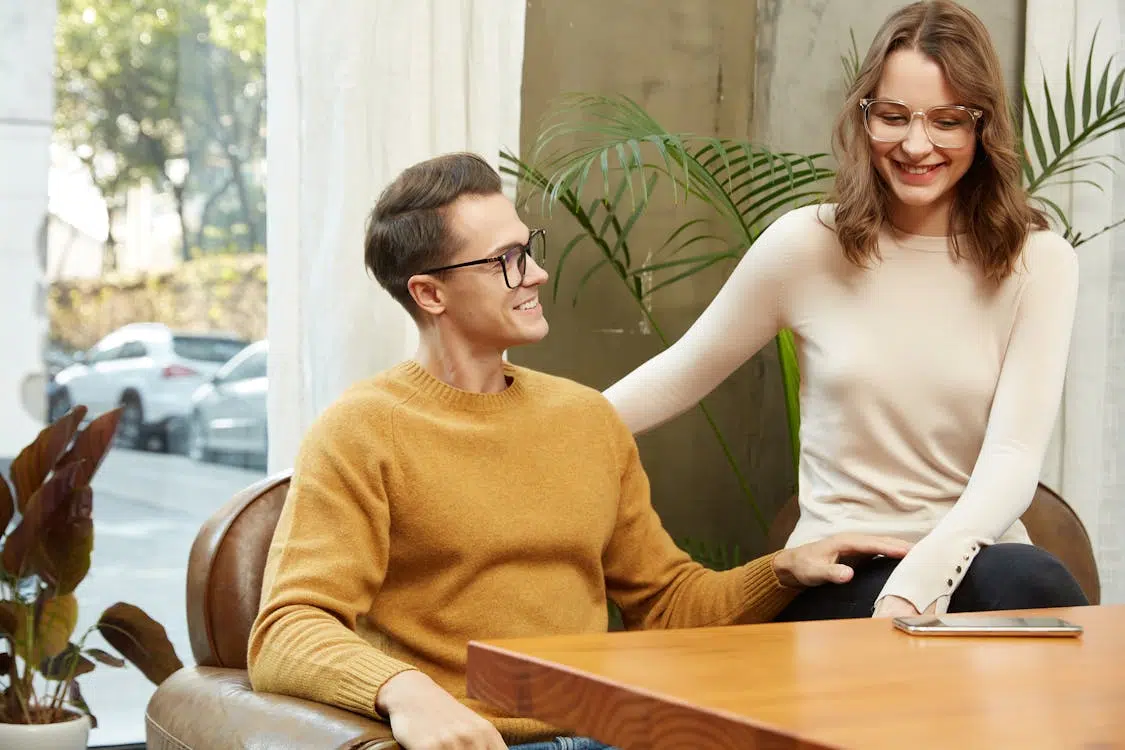 A man and a woman talking