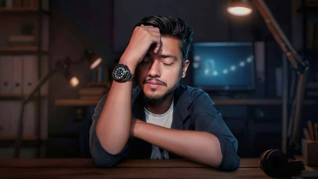 A man with a beard leans his forehead on his hand while sitting at a desk.