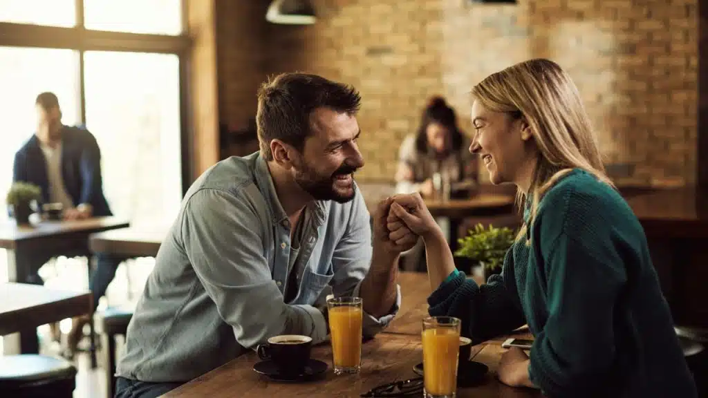 A man and woman smile at each other while holding hands across a cafe table.