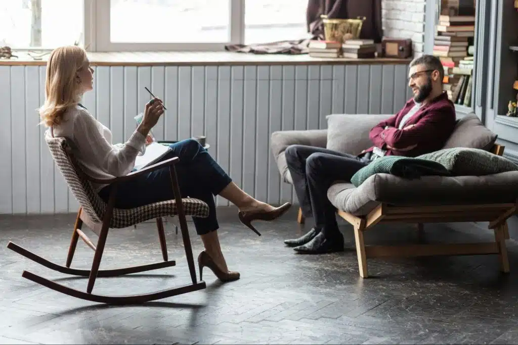 A man and woman talking