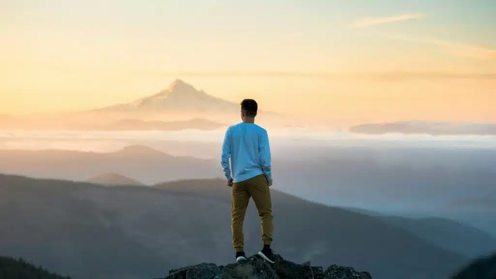 A man standing atop a rock overlooking a picturesque view of the mountains.