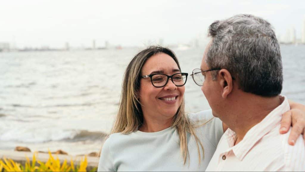 A man and woman looking at each other
