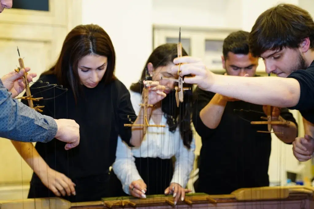 A group crafting puppets