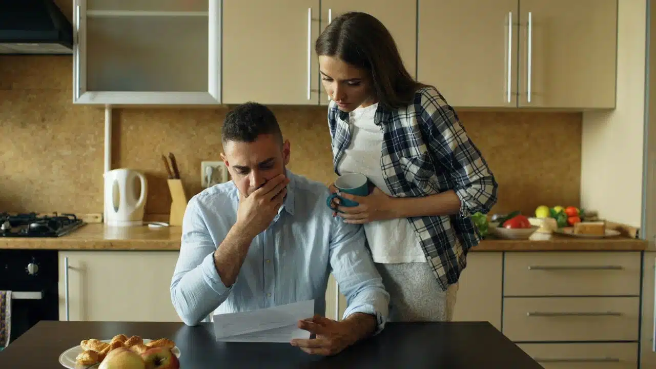 A man and woman look at a piece of paper together in a kitchen with concern.