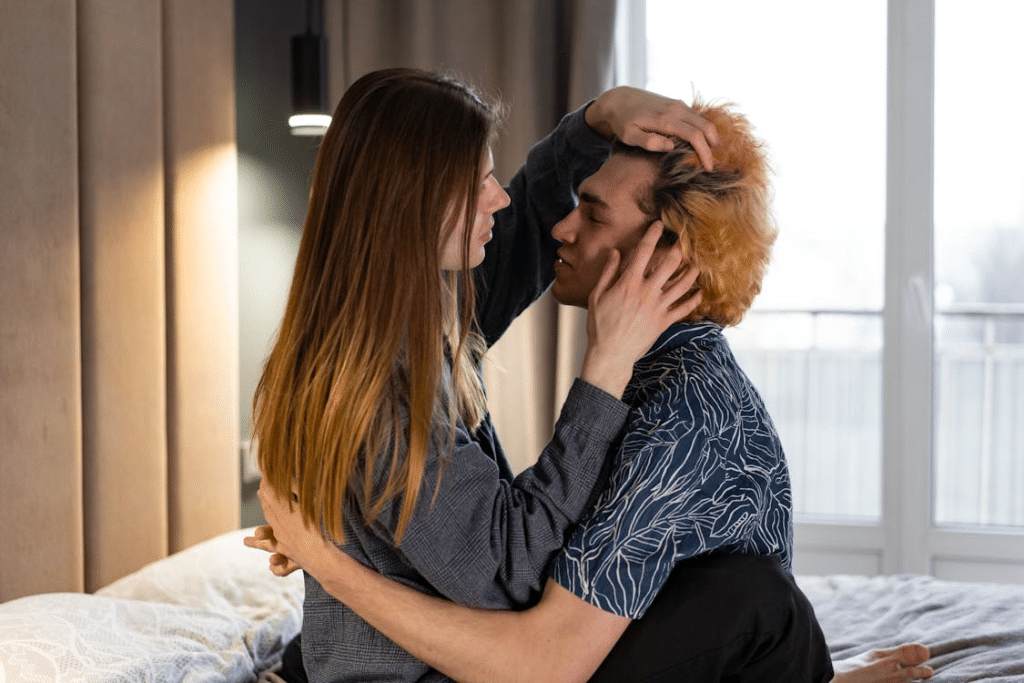 A woman comforting a man