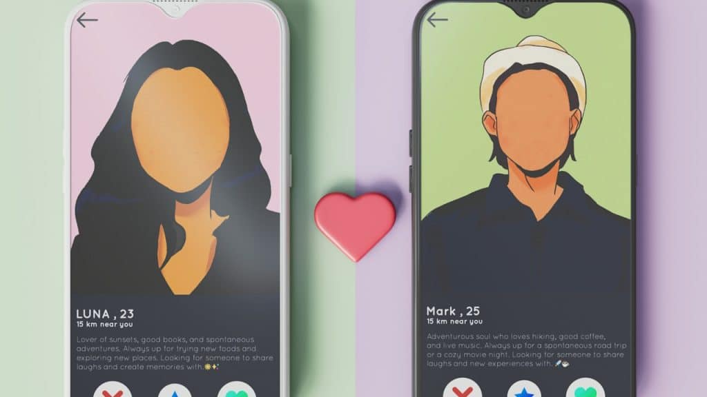 Two cellphones with dating profile of a girl and a boy.