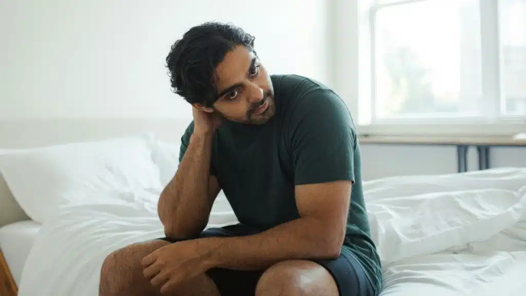 A man with dark hair sits on a white bed, looking over his shoulder toward a window.