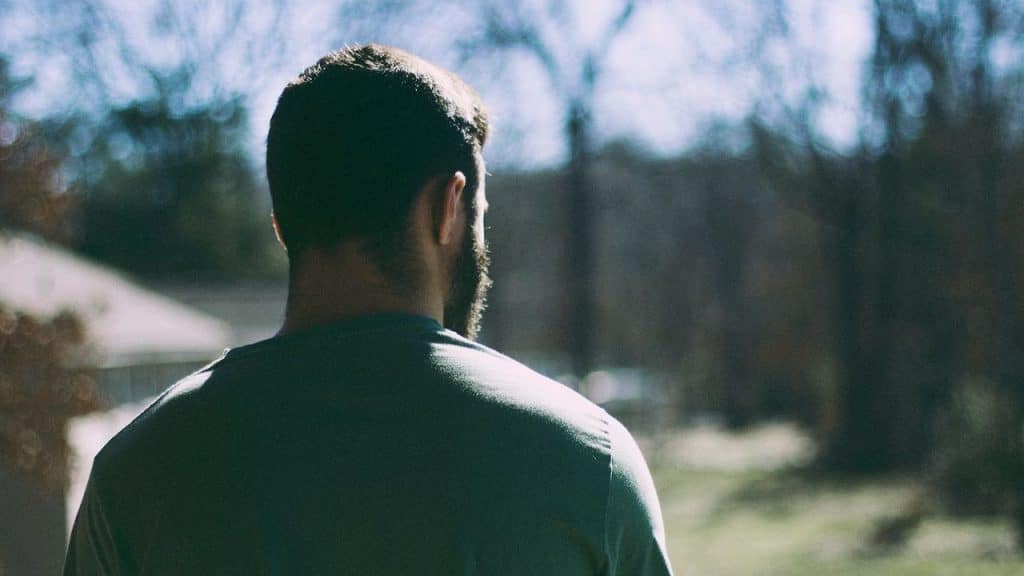 A man with a beard is seen from behind, looking out at a sunny outdoor landscape.