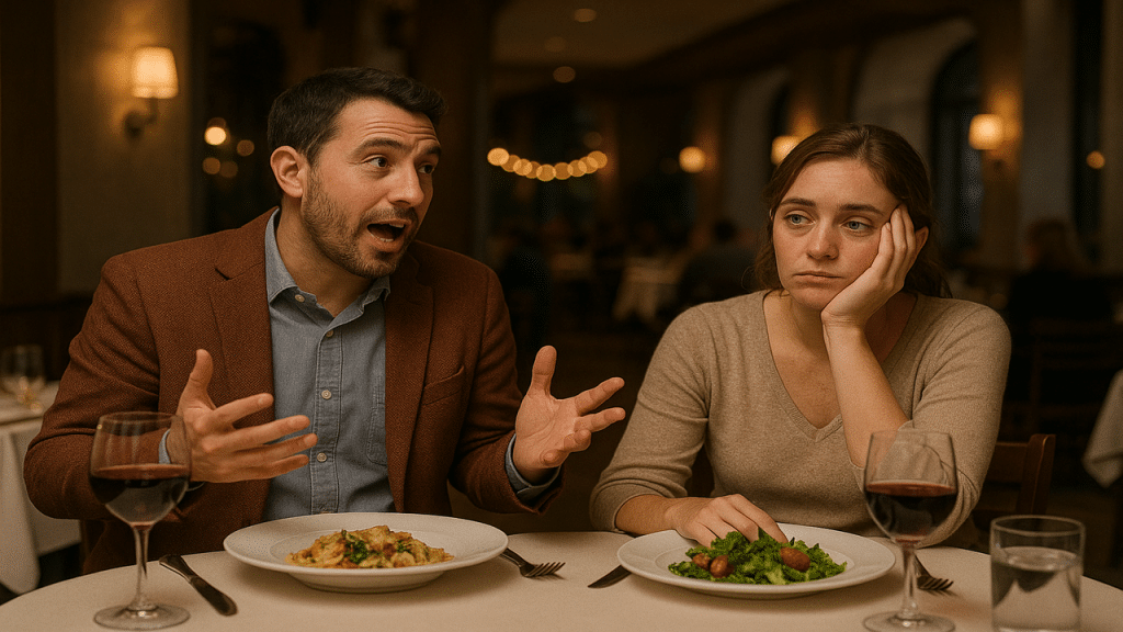 A man talking and talking while a woman looks bored