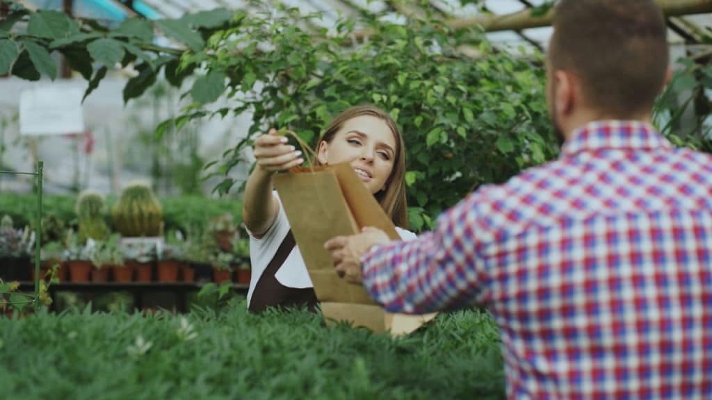 A woman hands a brown paper bag to a man in a plaid shirt inside a greenhouse.