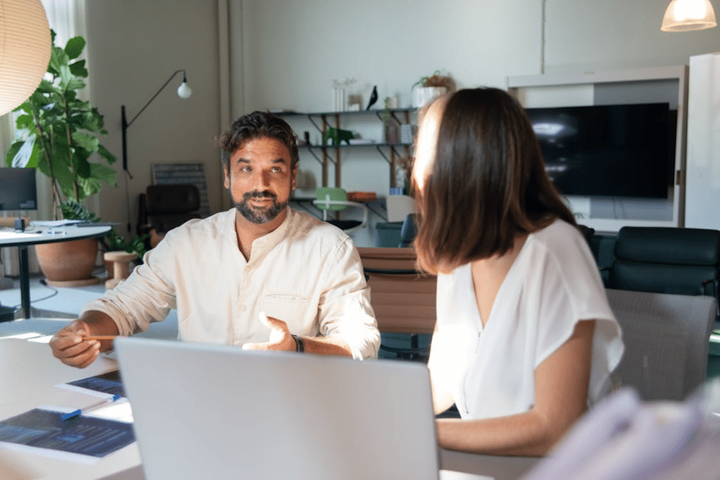 A man and a woman talking
